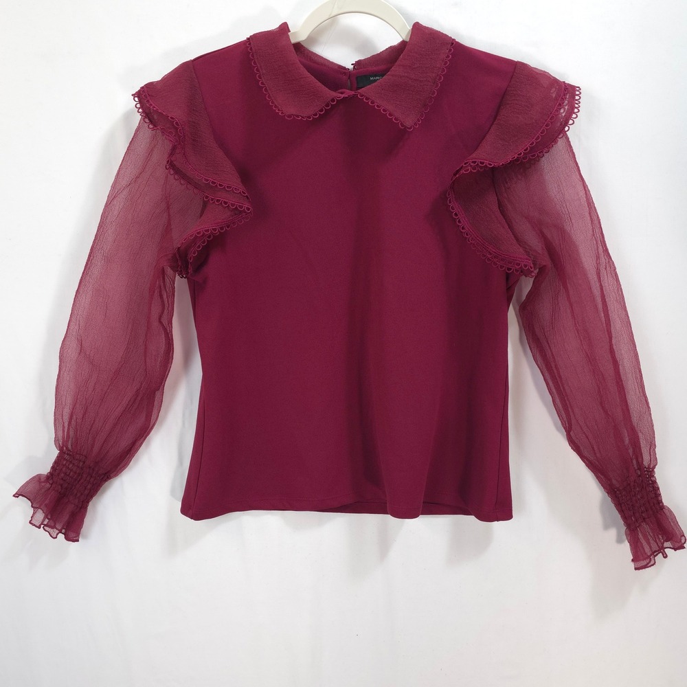Marc New York Blouse Ruffle‎ Mesh Sleeve Burgundy Women M Romantic Coquette